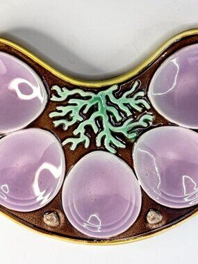 Antique Majolica Oyster Plate Lavender Wells Coral Motif A899